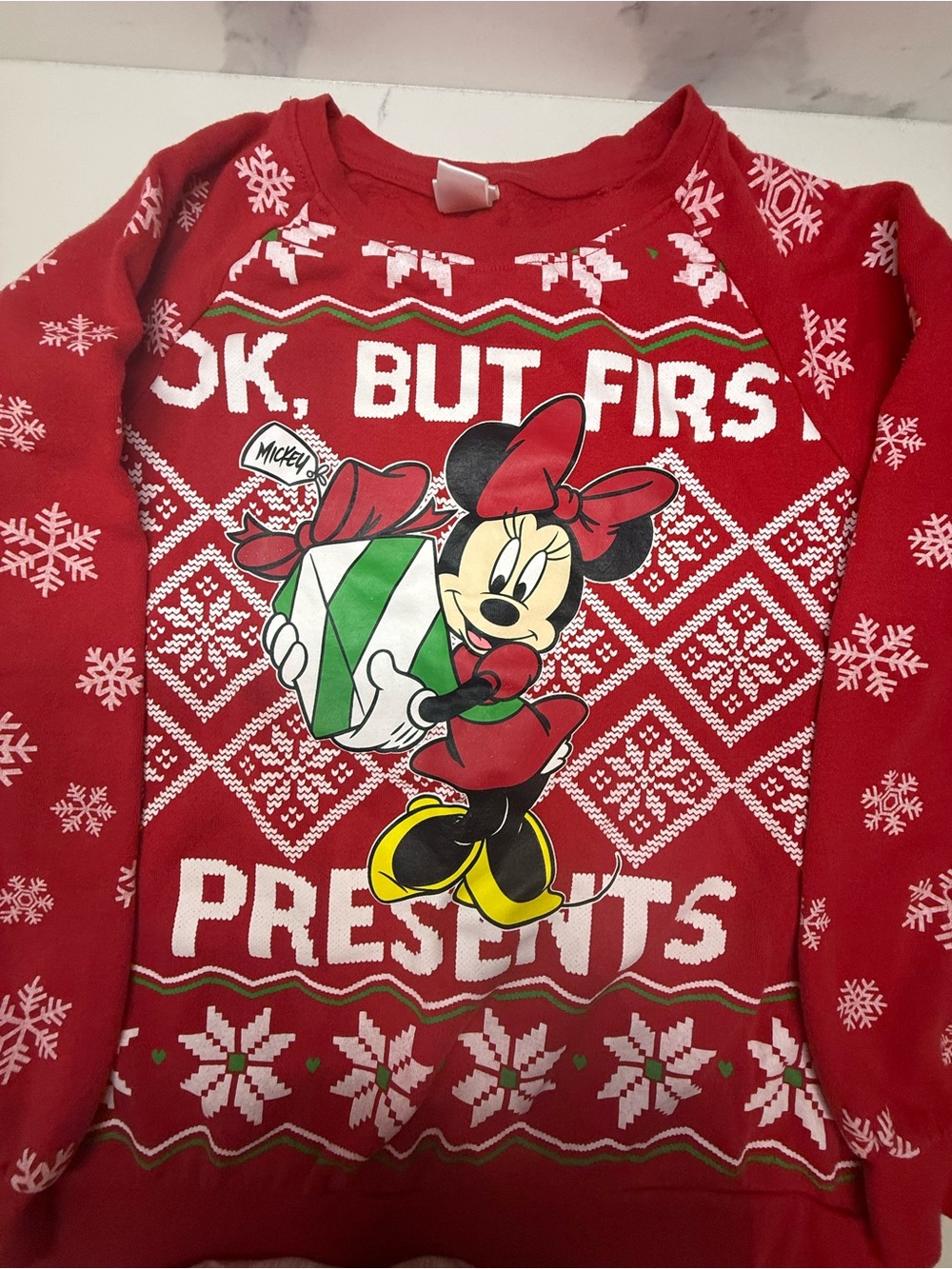 Disney Minnie Mouse Red Holiday Sweater- "Ok, But First Presents"